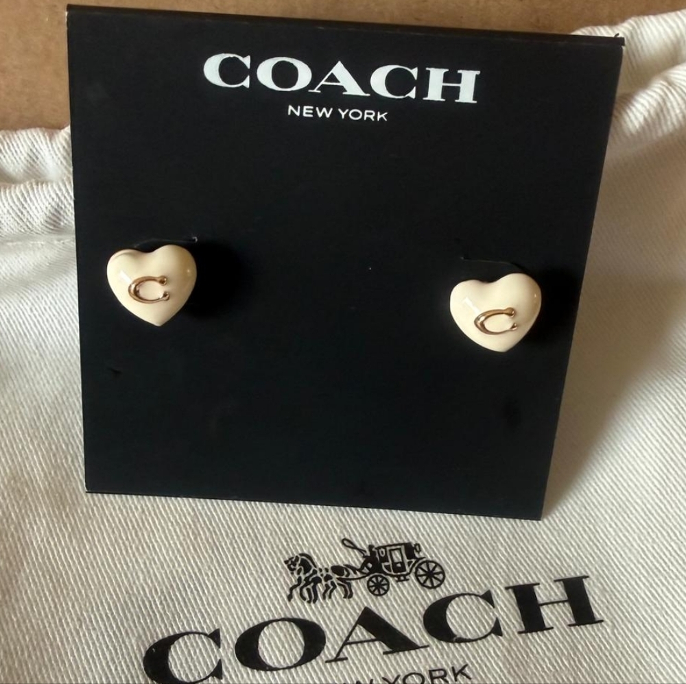 Coach Cream Heart Stud Earrings with Gold 'C' Accent